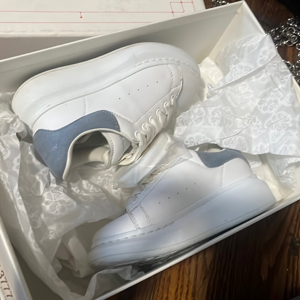 Toddler Alexander McQueen Sneakers , White & blue with silver writing.